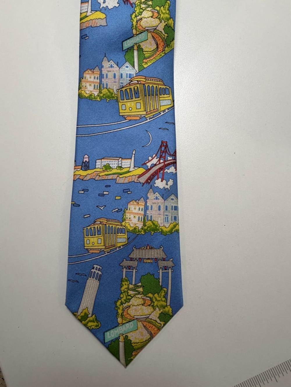 Carol Newman San Francisco Scenic Print Silk Tie - Blue with Yellow Cable Cars